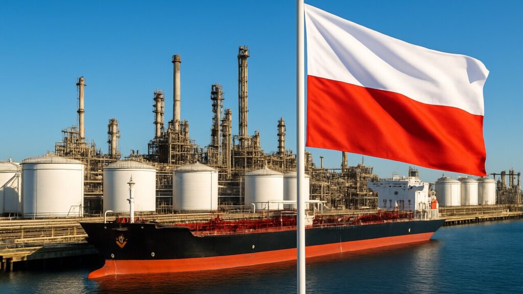 Poolse olieraffinaderij met tanker in haven en Poolse vlag