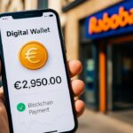 Hand met smartphone toont een stablecoin-wallet, met op de achtergrond een Rabobank-filiaal met logo