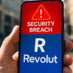 Smartphone met de Revolut-app en een rode waarschuwingsmelding over een datalek