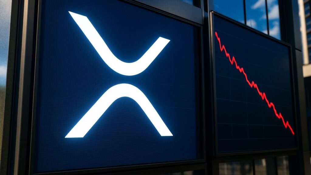 Groot XRP-logo op een beursscherm met een dalende rode koerslijn ernaast