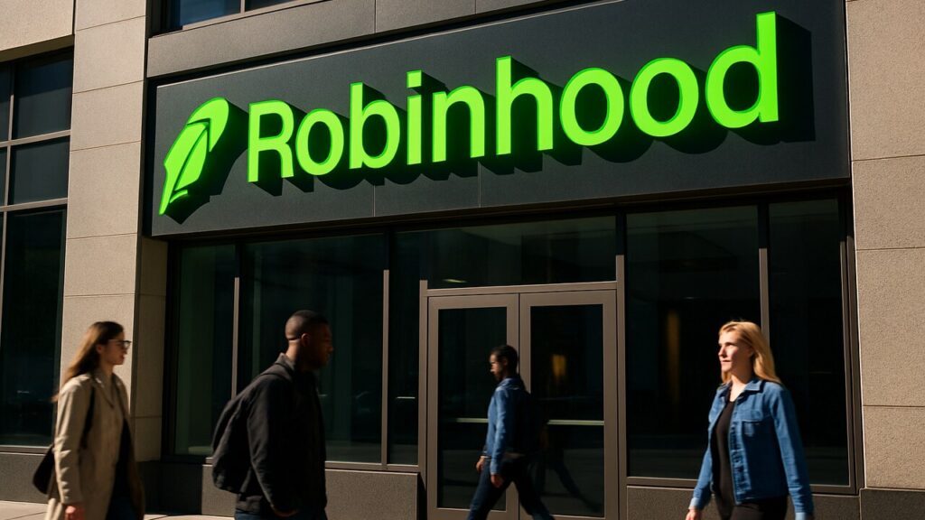 Buitengevel met een groot, helder verlicht Robinhood-logo aan een straat