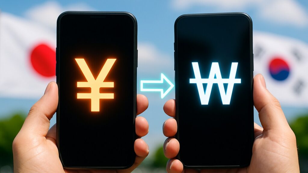 Twee smartphones tonen het yen- en won-symbool met een overboekingspijl ertussen, met Japanse en Zuid-Koreaanse vlaggen op de achtergrond