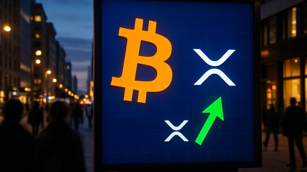 Groot straatscherm met het Bitcoin-logo prominent naast een kleiner XRP-logo met een stijgende pijl
