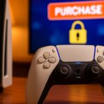 PlayStation-controller voor een tv-scherm met een digitale gamewinkel en een slotpictogram dat beperkte toegang symboliseert