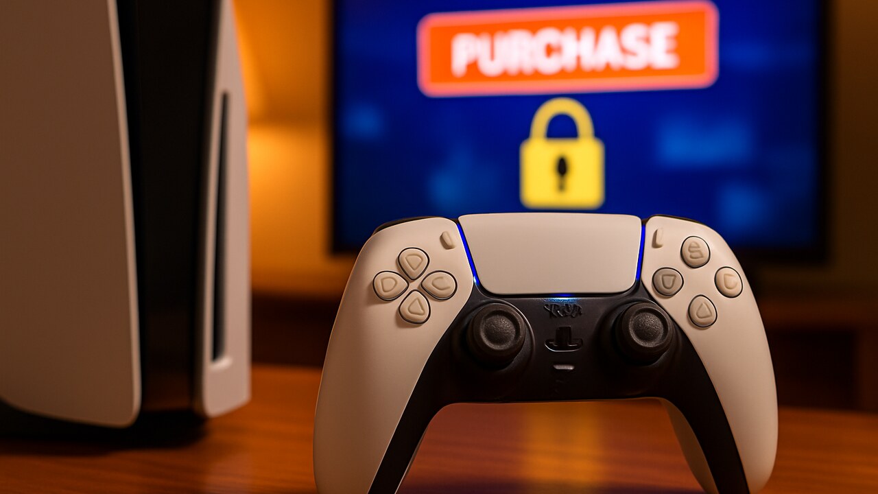 PlayStation-controller voor een tv-scherm met een digitale gamewinkel en een slotpictogram dat beperkte toegang symboliseert