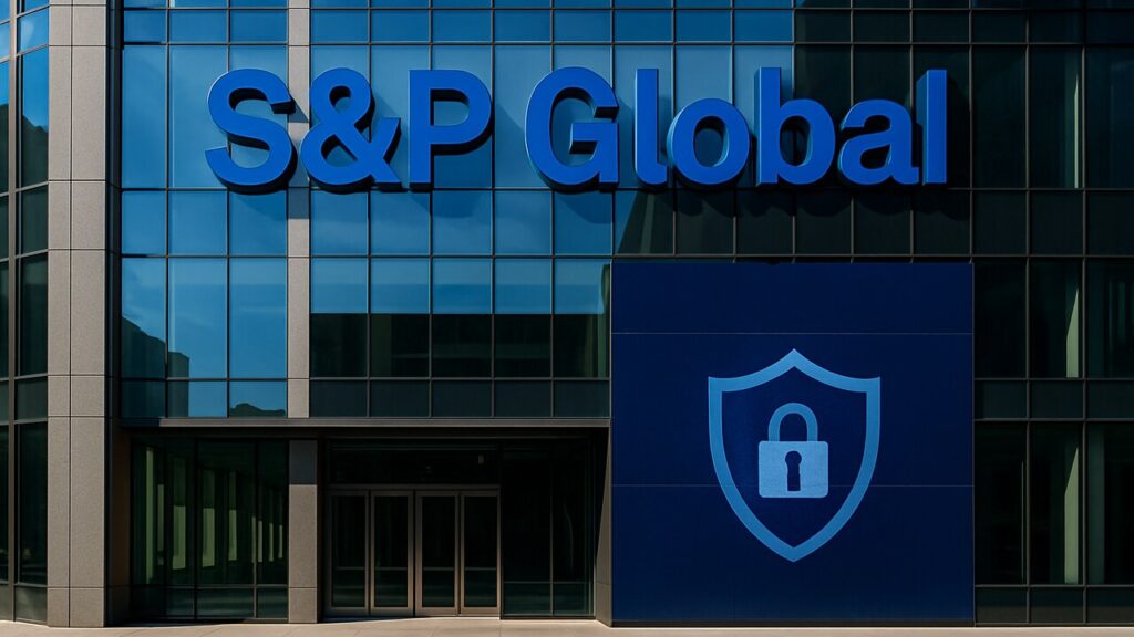 Het logo van S&P Global op een glazen gebouw, symbool voor de overname van beveiligingsbedrijf OpenZeppelin