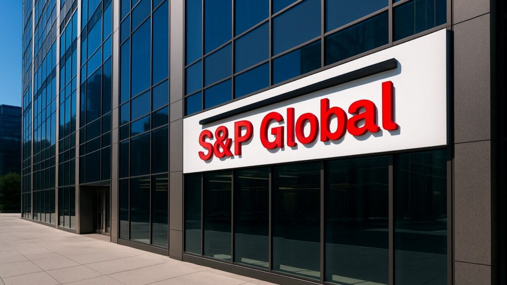 Gevel van een gebouw met het herkenbare logo van S&P Global bij helder daglicht