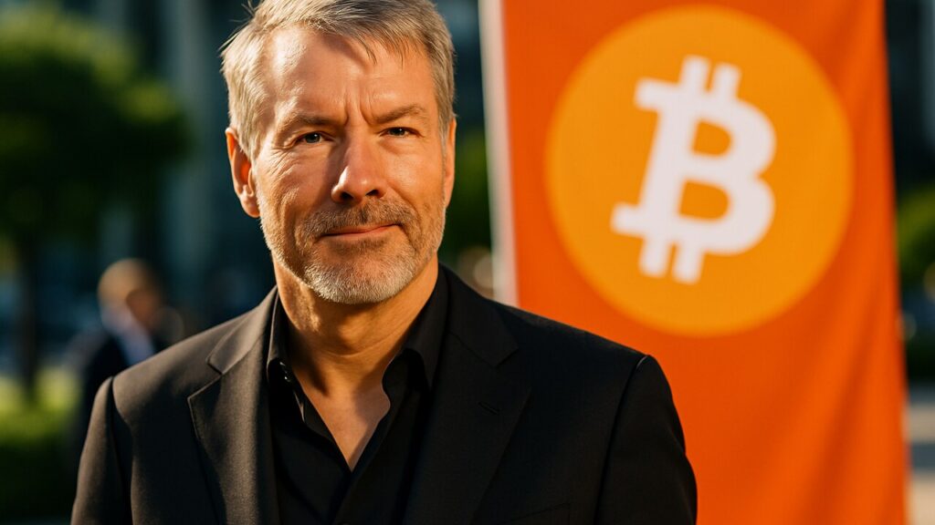 Michael Saylor van Strategy voor een banner met het Bitcoin-logo