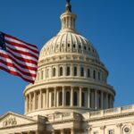 Het Capitool in Washington met een grote Amerikaanse vlag, symbool voor de CLARITY Act-wetgeving