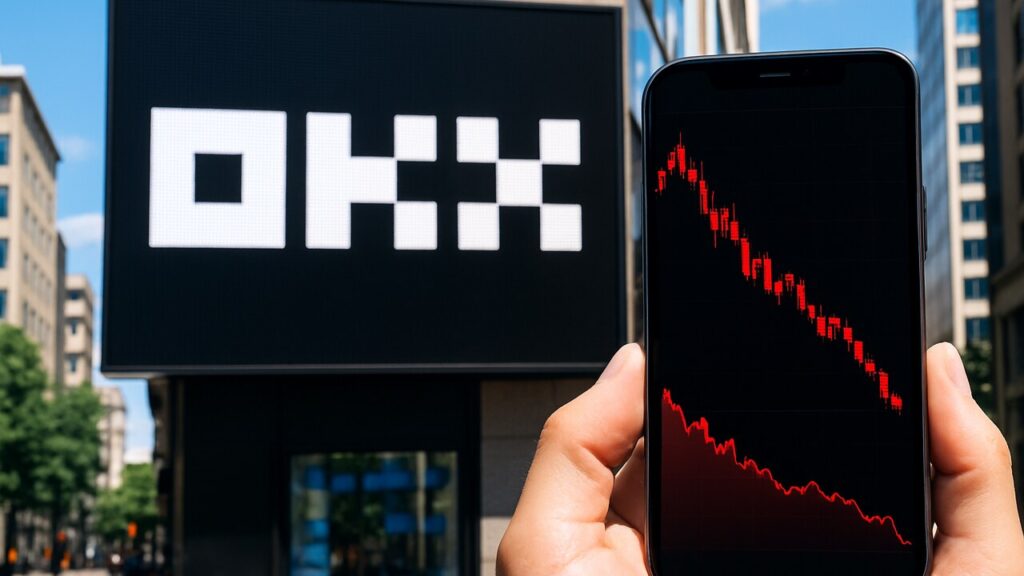 Het OKX-logo op een groot scherm met op de voorgrond een telefoon met een dalende koersgrafiek