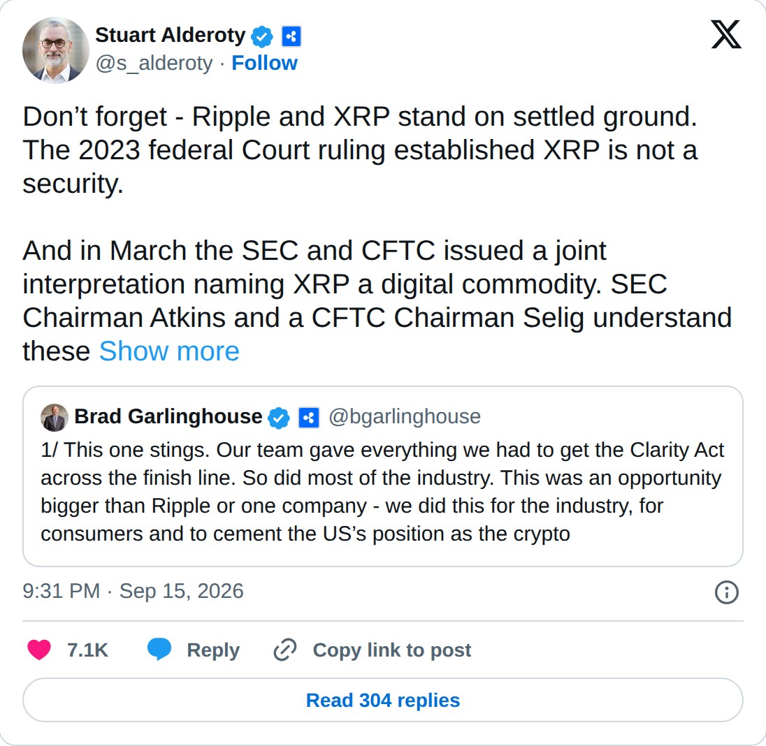 @s_alderoty op X: Stuart Alderoty @s_alderoty · Follow Don’t forget - Ripple and XRP stand on settled ground. The 2023 federal Court ruling established XRP is not a security. And in March the SEC and CFTC issued a joint interpretation naming XRP a digital commodity. SEC Chairman Atkins and a CFTC Ch
