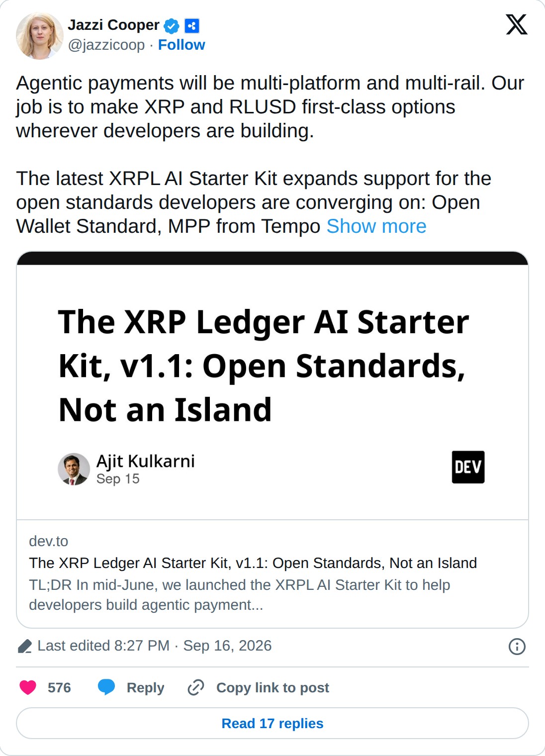 @jazzicoop op X: Jazzi Cooper @jazzicoop · Follow Agentic payments will be multi-platform and multi-rail. Our job is to make XRP and RLUSD first-class options wherever developers are building. The latest XRPL AI Starter Kit expands support for the open standards developers are converging on: Open Wa