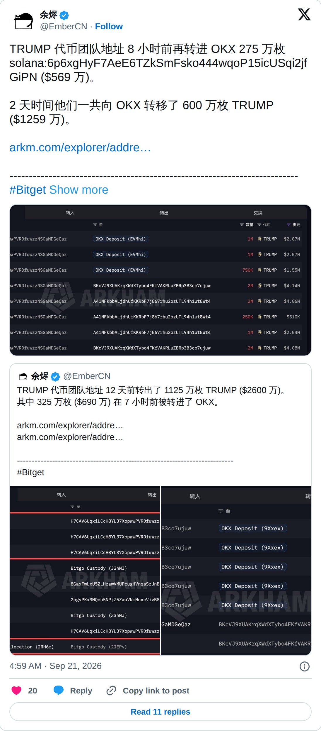 @EmberCN op X: 余烬 @EmberCN · Follow TRUMP 代币团队地址 8 小时前再转进 OKX 275 万枚 solana:6p6xgHyF7AeE6TZkSmFsko444wqoP15icUSqi2jfGiPN ($569 万)。 2 天时间他们一共向 OKX 转移了 600 万枚 TRUMP ($1259 万)。 https://arkm.com/explorer/address/H7CAV6UqxiLCcH8YL37XopwwPVRDfuwzzNSGaMDGeQaz… ----------------------------------------------