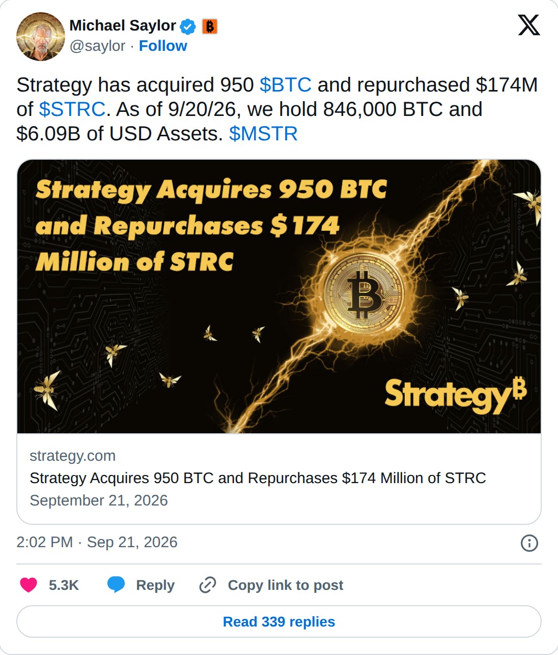 @saylor op X: Michael Saylor @saylor · Follow Strategy has acquired 950 $BTC and repurchased $174M of $STRC. As of 9/20/26, we hold 846,000 BTC and $6.09B of USD Assets. $MSTR strategy.com Strategy Acquires 950 BTC and Repurchases $174 Million of STRC September 21, 2026 2:02 PM · Sep 21, 2026 5.3K R