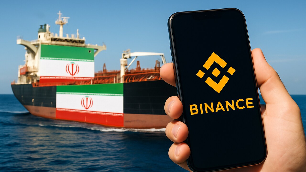 Iraanse olietanker op zee met op de voorgrond een telefoon met het Binance-logo