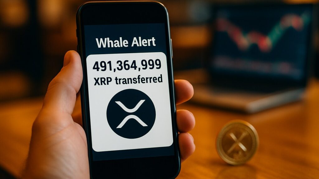 Smartphone toont een melding van een grote XRP-transactie met het XRP-logo op het scherm