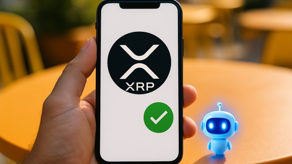 Smartphone met XRP-logo en een betaalbevestiging, symbool voor automatische AI-betalingen