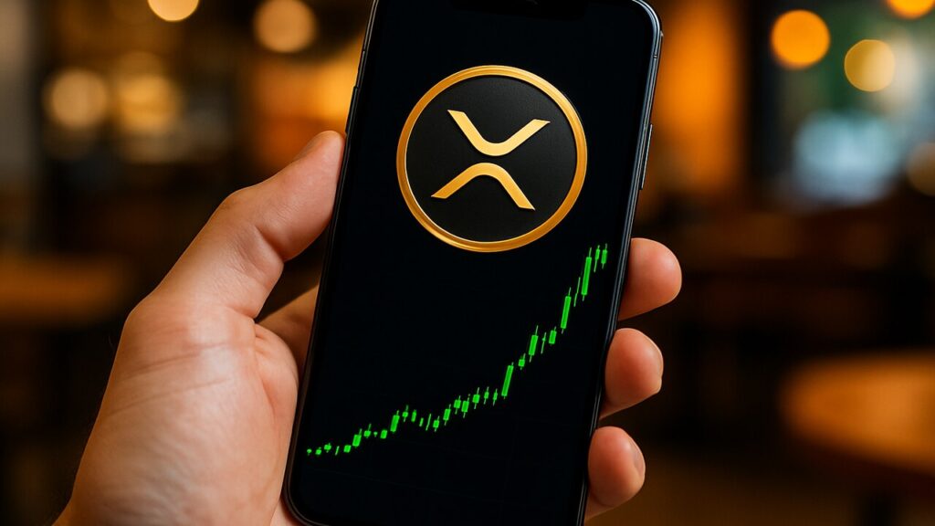 Smartphone toont het XRP-logo met een groen stijgende koersgrafiek op een beurs-app