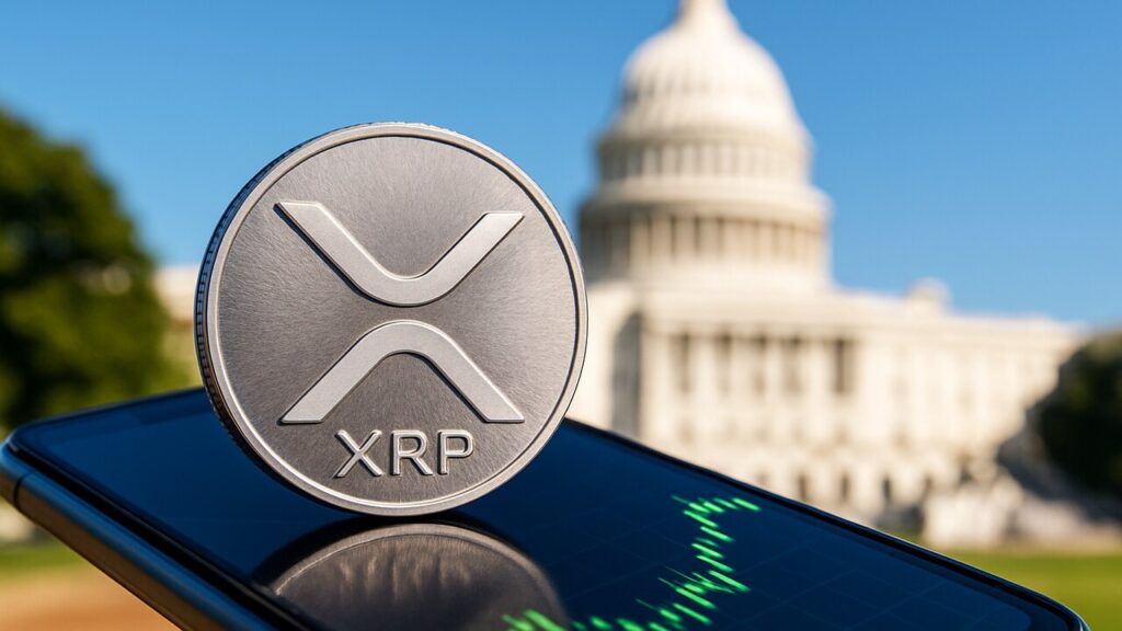 Fysieke XRP-munt op een telefoon met stijgende groene koersgrafiek en het Amerikaanse Capitool op de achtergrond
