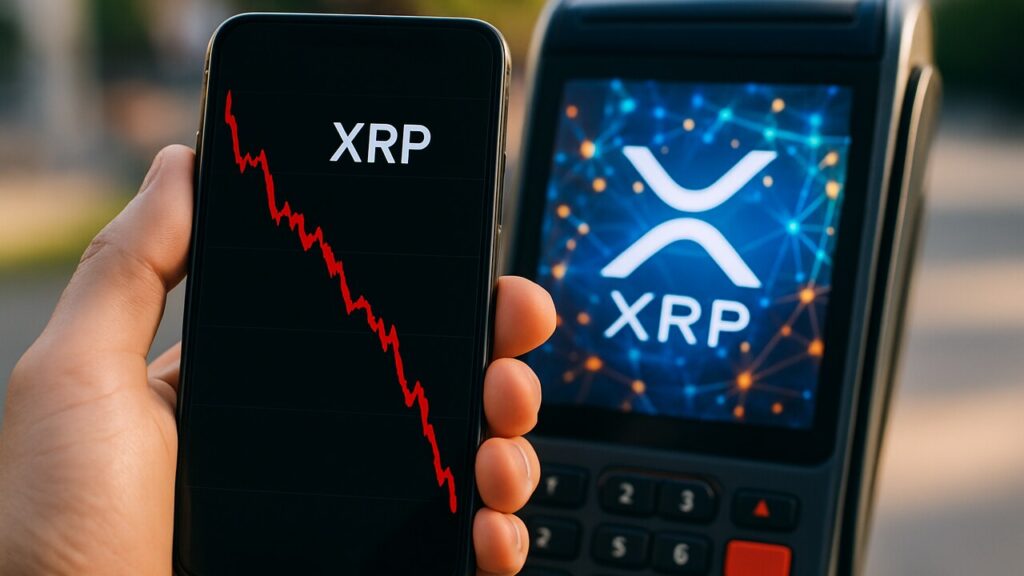 Smartphone met dalende rode XRP koersgrafiek en het XRP-logo, met op de achtergrond drukke netwerkactiviteit