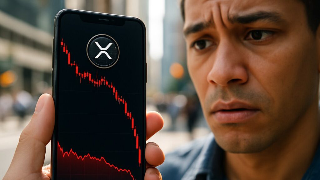 Smartphone met steil dalende rode XRP koersgrafiek en het XRP-logo op straat