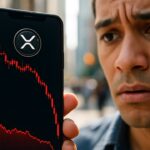 Smartphone met steil dalende rode XRP koersgrafiek en het XRP-logo op straat