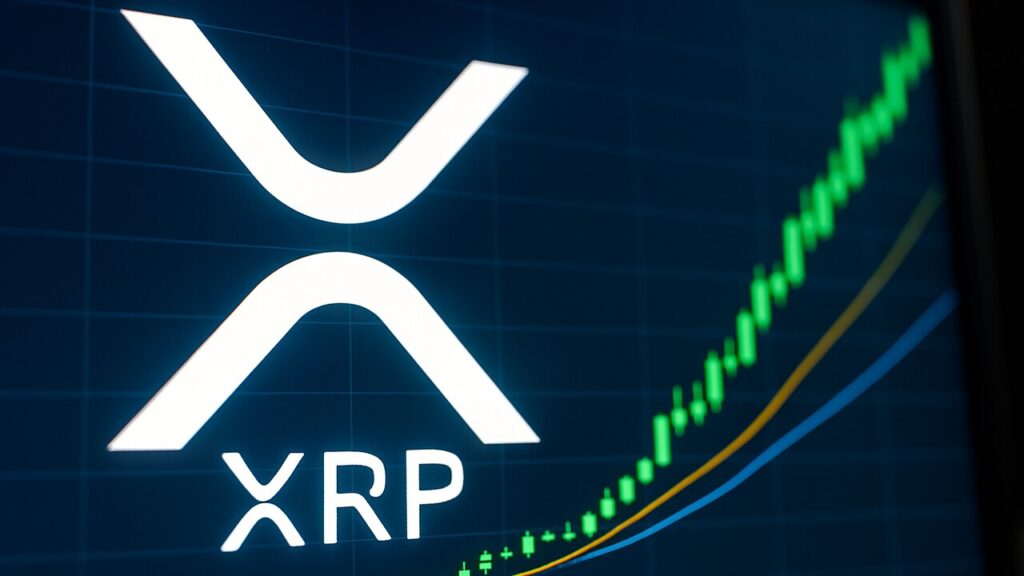 XRP-logo op een beursscherm met een stijgende groene grafiek en twee elkaar naderende gemiddelde-lijnen.