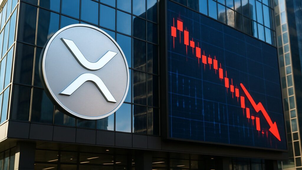 Groot XRP-logo op een gebouwgevel naast een scherm met een dalende rode koersgrafiek