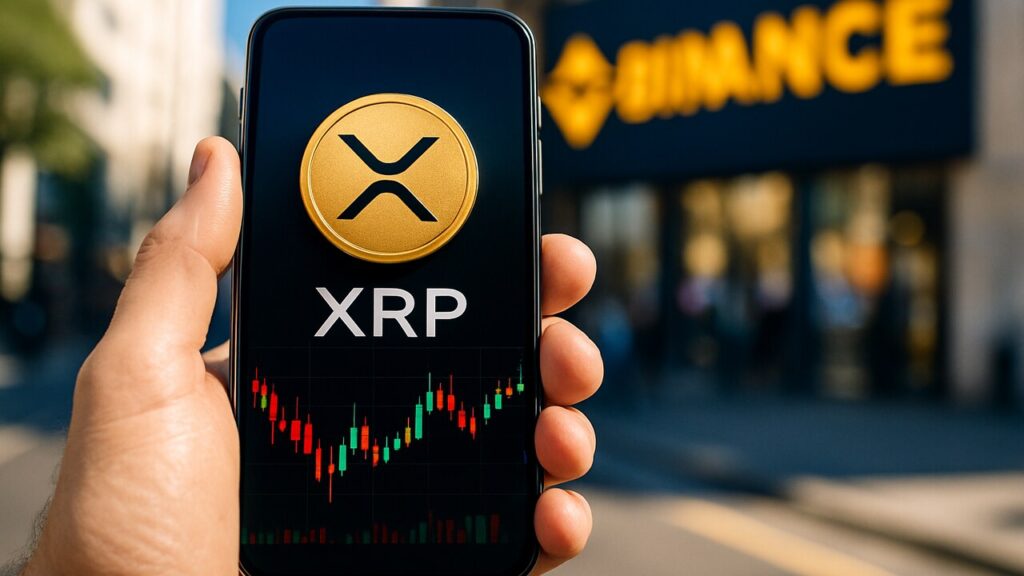 Smartphone met XRP-logo en futures-grafiek voor een Binance-banner op straat