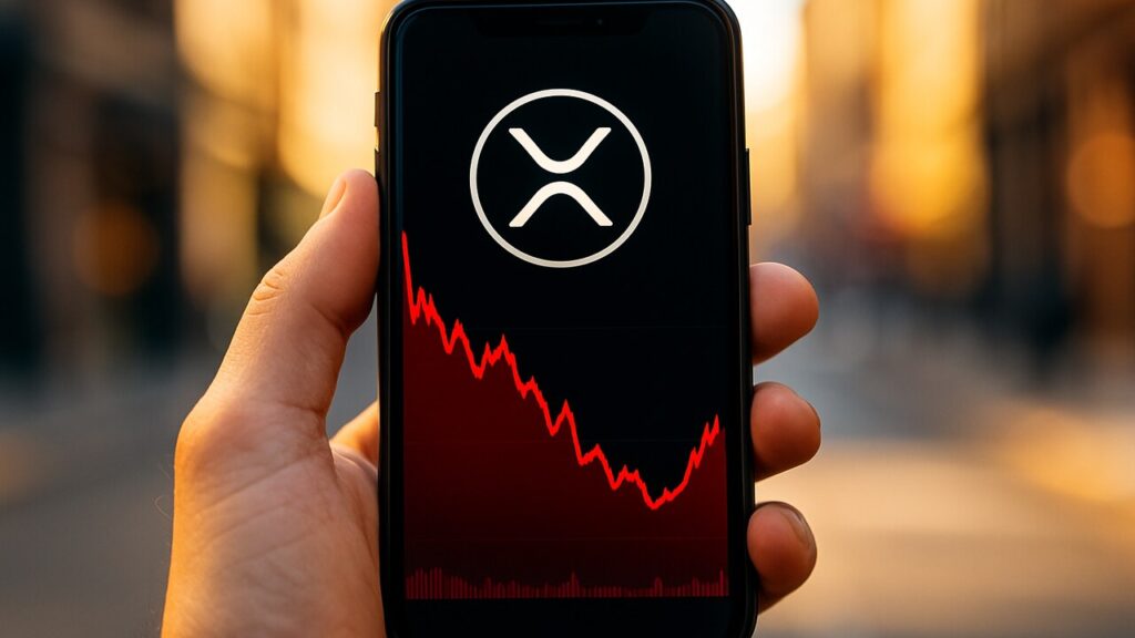 Smartphone toont een XRP-koersgrafiek met het XRP-logo, waar de koers laag staat maar begint op te veren