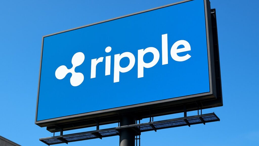 Het Ripple-logo groot en herkenbaar op een digitaal buitenscherm tegen een blauwe lucht