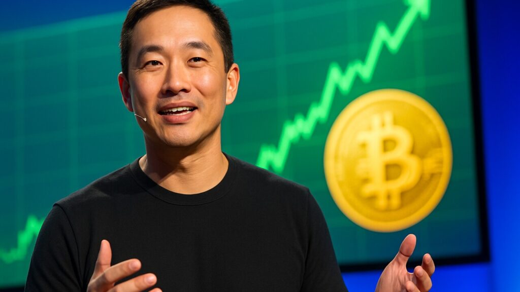 Matt Huang van Paradigm spreekt op een podium met op de achtergrond een groene stijgende koersgrafiek