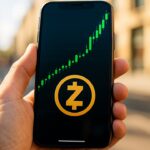 Smartphone met stijgende groene Zcash-grafiek en het Z-logo, buiten in helder daglicht