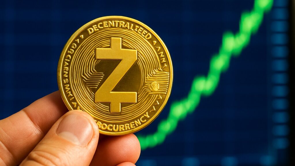 Fysieke Zcash-munt voor een scherm met een stijgende groene koersgrafiek