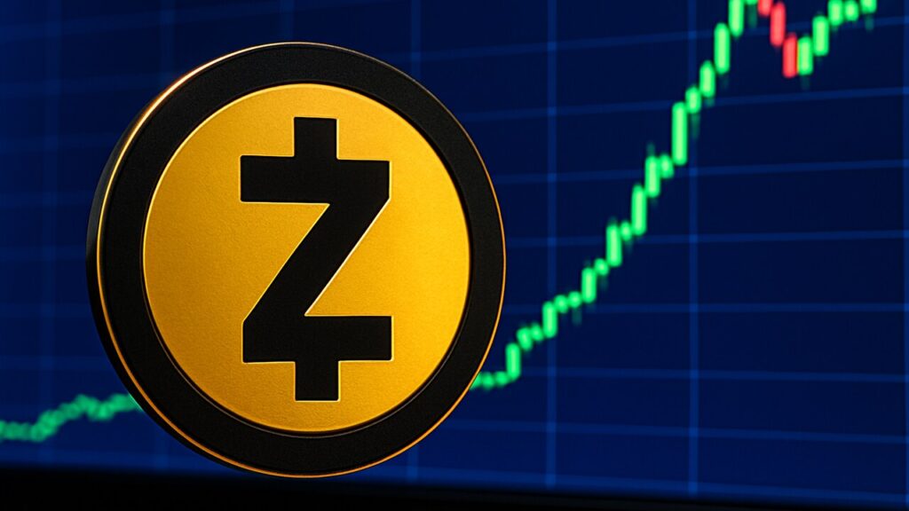Het Zcash-logo groot op een beeldscherm met een stijgende groene grafiek en een kleine rode terugval